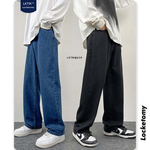 LKTM Men's #American Street Black Denim Jeans Men Loose Straight Leg Wide Leg Pants Trend Brand Nine-Tenths Length Pants