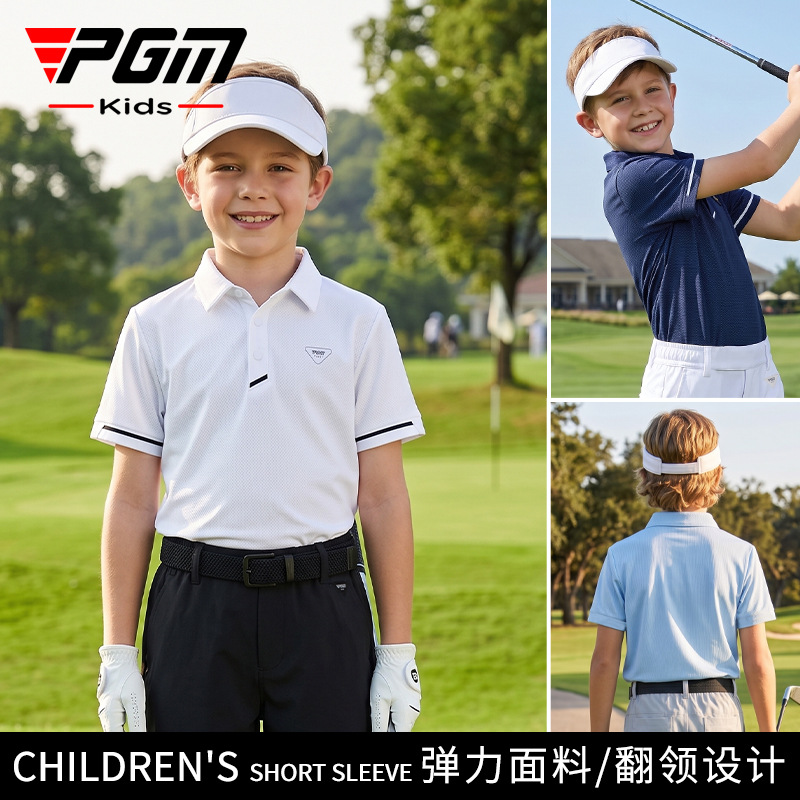Pgm Kidsren's Golf Clothing, Boys' Summer Short-Sleeved Clothing, Sun Protection, Quick-Drying, Breathable Tops, Cross-Border Self-Operated