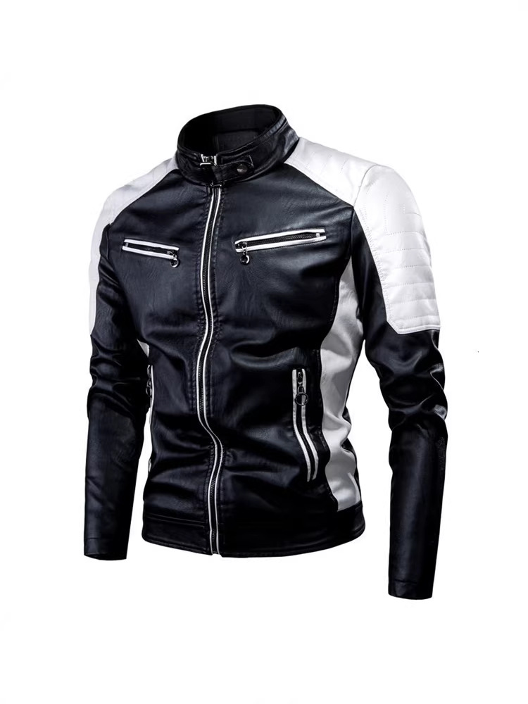 2026 primavera y otoño locomotora casual chaqueta de cuero empalmado chaqueta de cuero de moda masculina de collar retró cálida chaqueta de cuero