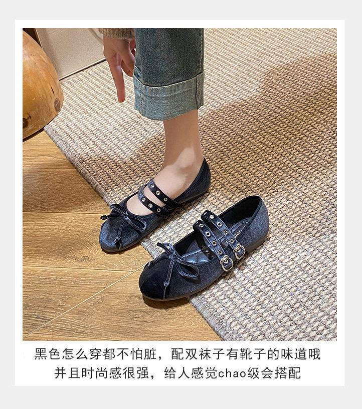Giày Mary Jane nhung nhung mũi tròn đế mềm thắt nơ gót thấp — Màu hồng, Màu mơ, Màu đen chi tiết 14