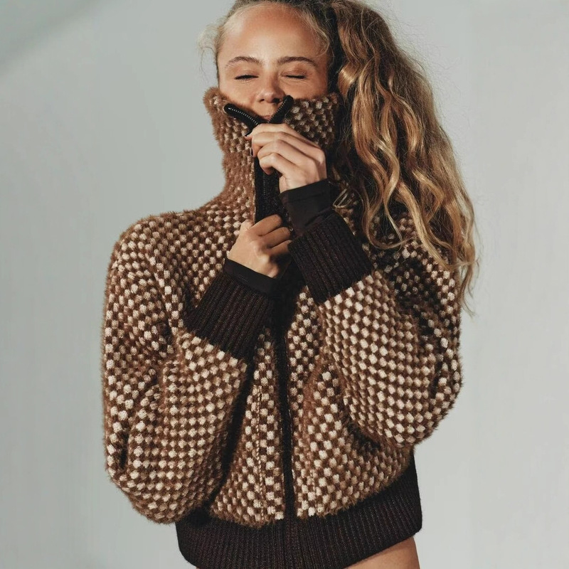 Foreign Trade Wholesale European and American Clothing 2025 Winter Artificial Fur Effect Splicing Knitted Bomber Jacket for Women