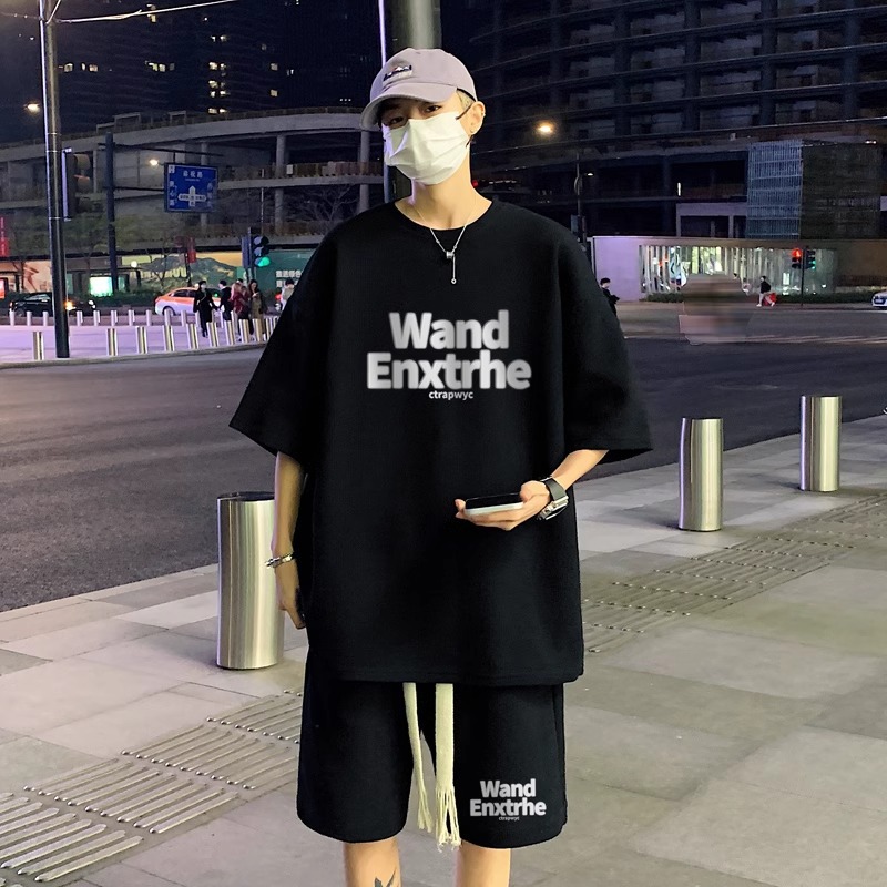 Waffle suit Men's Summer Letter Trendy Brand Short-sleeved T-shirt High Street Hong Kong Style Shorts Youth Sports Two-piece Set