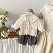 点兮春季新款婴幼儿针织外套套装女宝宝毛衣外套衬衫波点裤三件套