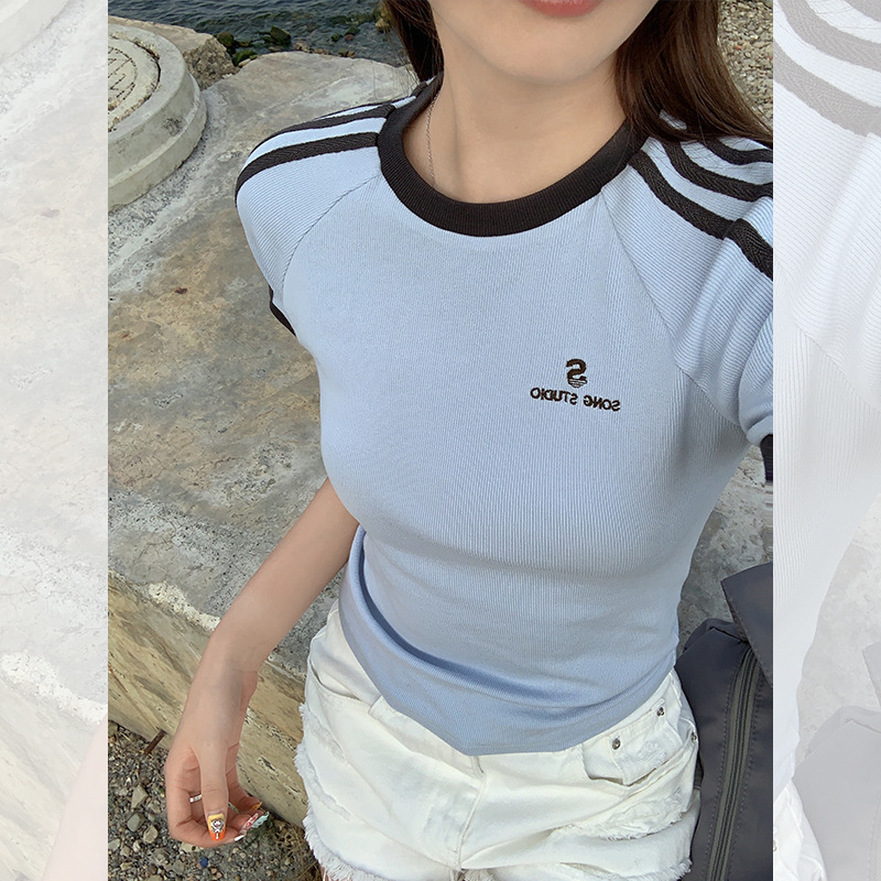 宋正恩条纹正肩短袖t恤女夏装设计感辣妹修身显瘦白色体恤短上衣|undefined