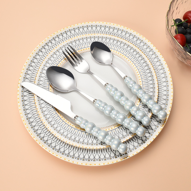 Mingrui 304 Stainless Steel Knife, Fork and Spoon suit Creative Pearl Ceramic Tableware Light Luxury Ins Style Western-style Knife, Fork and Spoon
