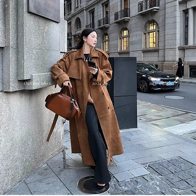 Lapel Double-Breasted Windbreaker Women's Autumn High-End Suede Jacket Loose Retro Mid-Length Coat