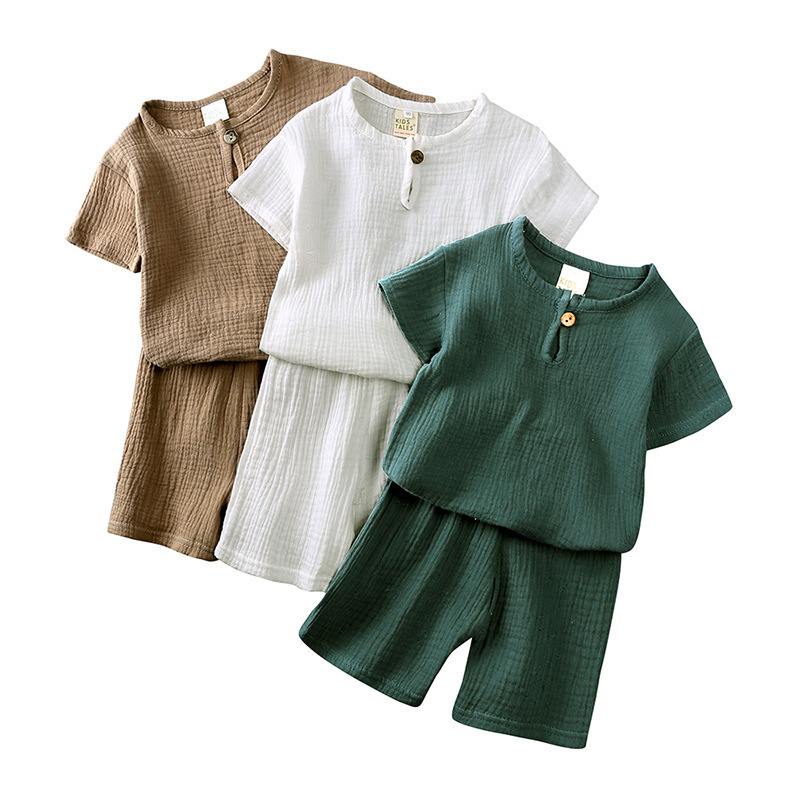Children's Clothing, Boys and Girls, Short-Sleeved Summer Suits, Kidsren's Cotton and Linen Button-Down Short-Sleeved T-Shirts, Shorts, Thin Two-Piece Set