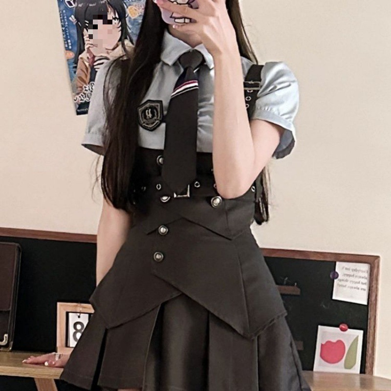 대학 스타일의 미국식 허리 조끼 디자인 센스 반팔 셔츠 여성의 여름 허리 주름 치마 JK 유니폼 세트