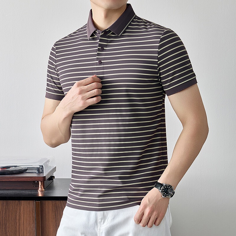 2026 New Summer Striped Polo Shirt Casual Fashion Versatile Turn-Down Collar Short-Sleeve Middle-Aged and Young Men's Half-Sleeve Dad Shirt