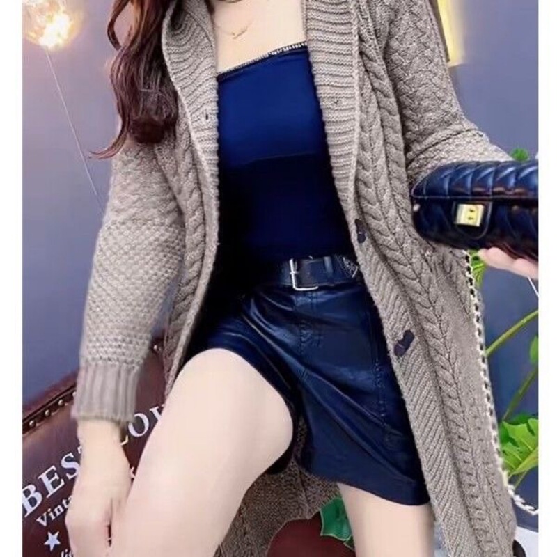 Autumn and Winter New Hooded Knitwear Women's Solid Color Cardigan Coat Outer Long Loose Lazy Sweater Coat Women