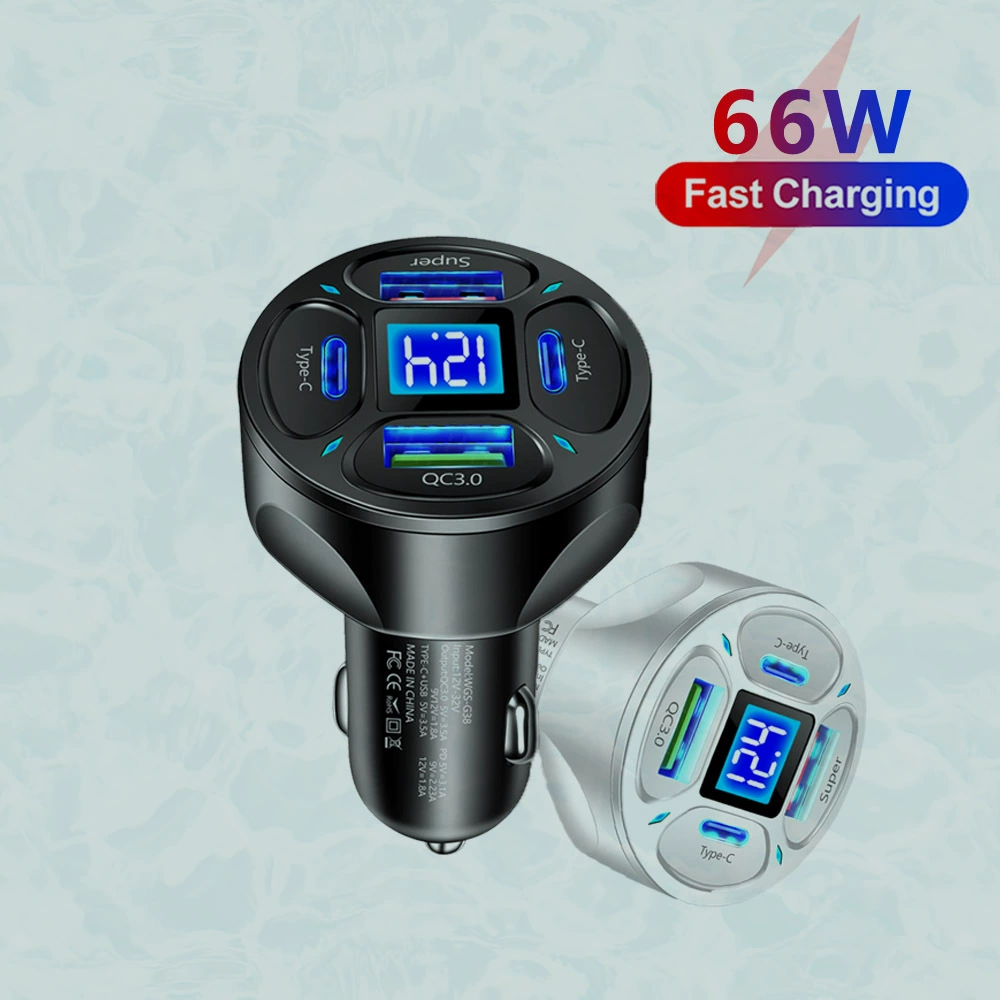 Цифровой дисплей автомобильного зарядного устройства 66Вт 2USB+2Type-C поддерживает сверхбыструю зарядку автомобилей быстрая зарядка автомобильная зарядка