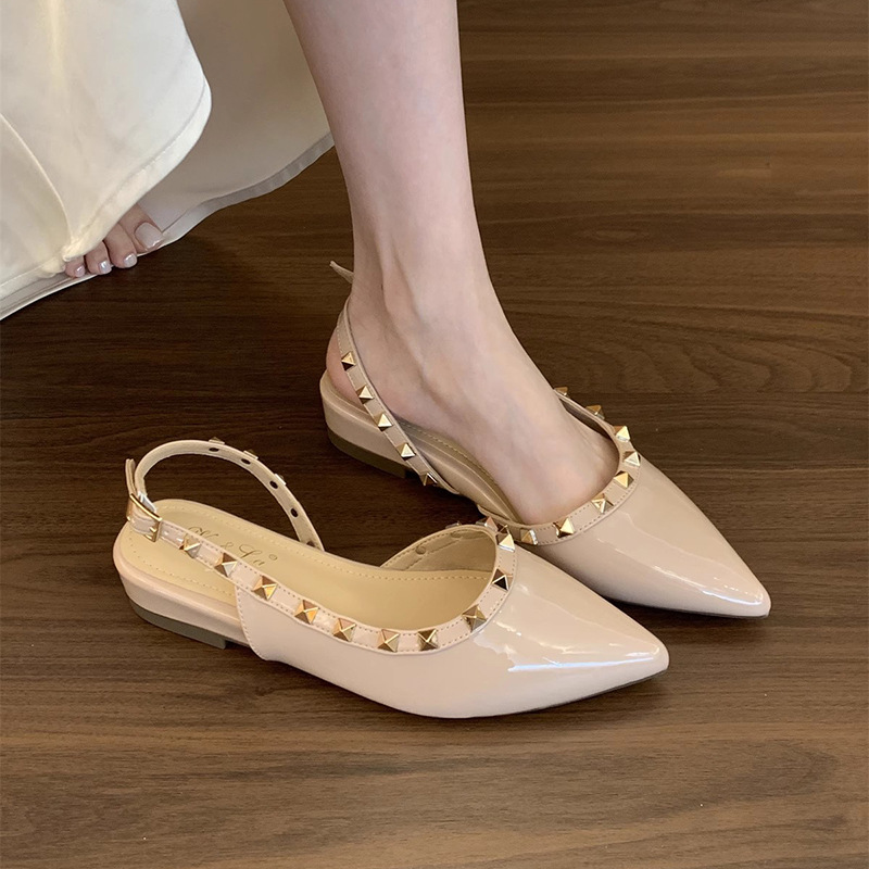 Elegant shoes pointed-toe nude with studs platform wedge heel