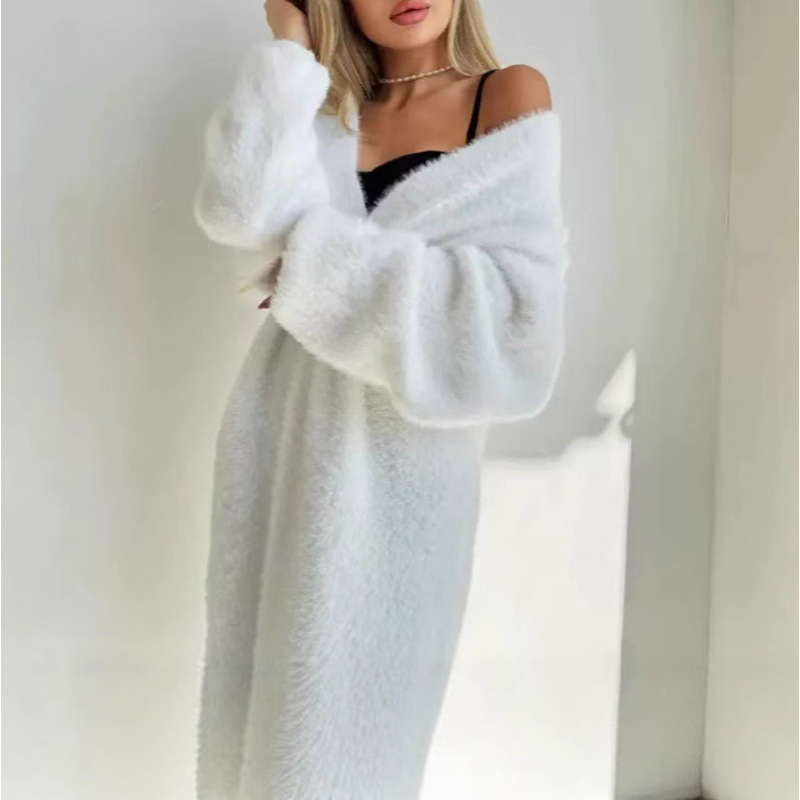 Cross-Border European and American Style Long Coat with V-Neck, Loose Fit, Faux Mink Fur Cardigan, Suitable for Both Home and Outdoor Wear Cross-Border European and American Style Long Coat with V-Neck, Loose Fit, Faux Mink Fur Cardigan, Suitable for Both Home and Outdoor Wear