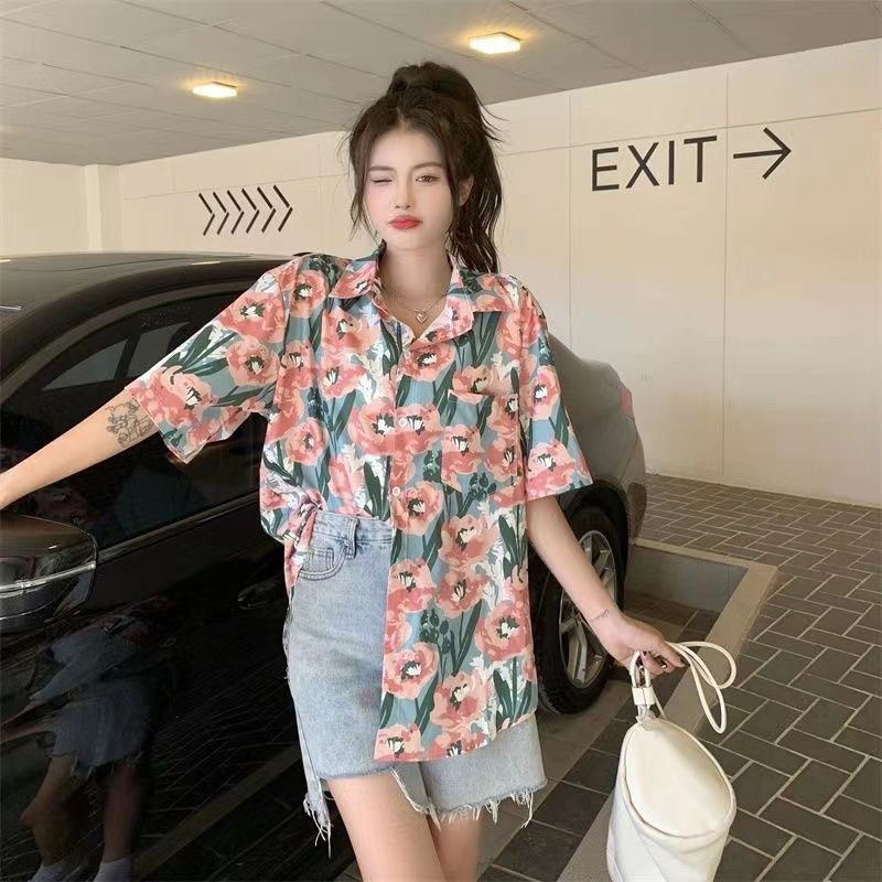 Summer Retro Hong Kong style floral shirt Women's niche design loose slimming Hong Kong style short sleeve shirt Japanese style shirt fashion