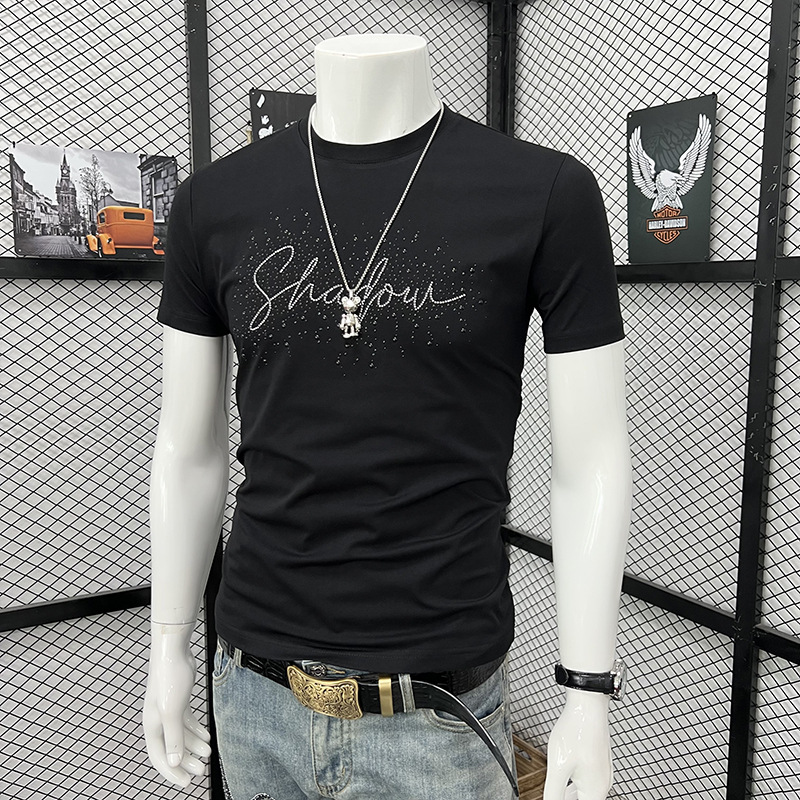 Men's Slim Fit Short Sleeve T-Shirt Heavy Duty Rhinestone And Letter Crew Neck Fashion Top New Arrival Summer_viptrois.com