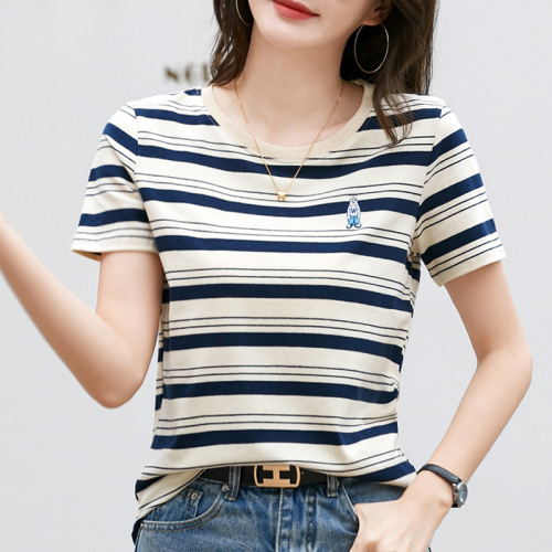 399 K-Pop Striped Cotton Short-Sleeve T-Shirt for Women - Summer Casual Fashion, Unique Design with Embroidered Bear, Loose-Fitting Top
