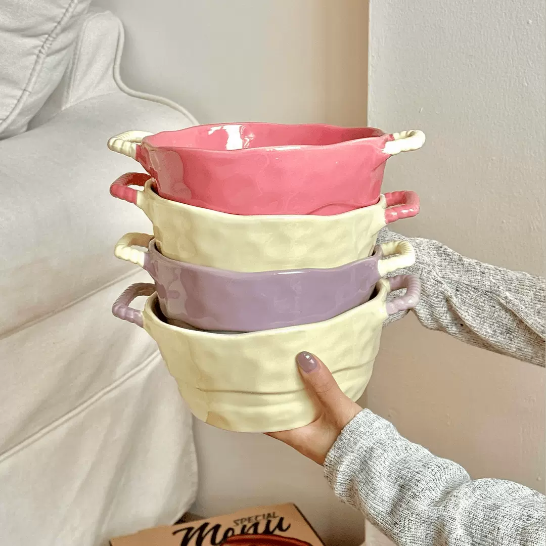 ins风拼色双耳汤碗奶油风家用大号泡面碗大容量麻辣烫碗螺蛳粉碗