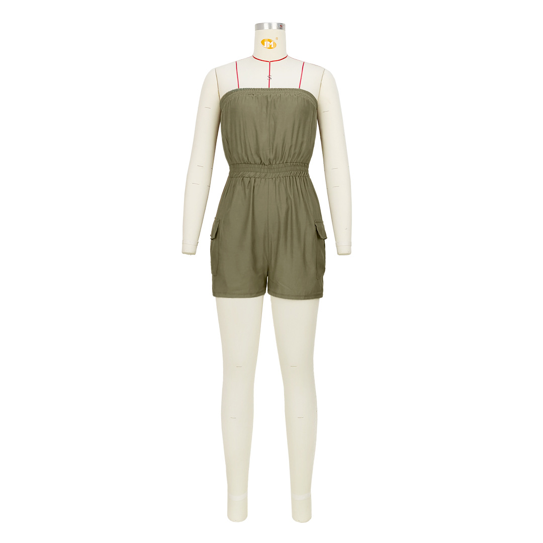 Women Clothing Sexy Comfortable Solid Color Chest Wrapped Organ Pocket Jumpsuit