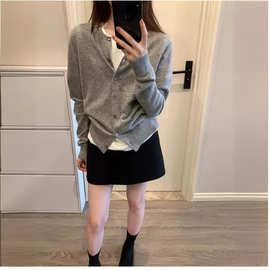 灰色针织开衫女空调衫小香风春季上衣短款宽松2024春夏毛衣薄外套