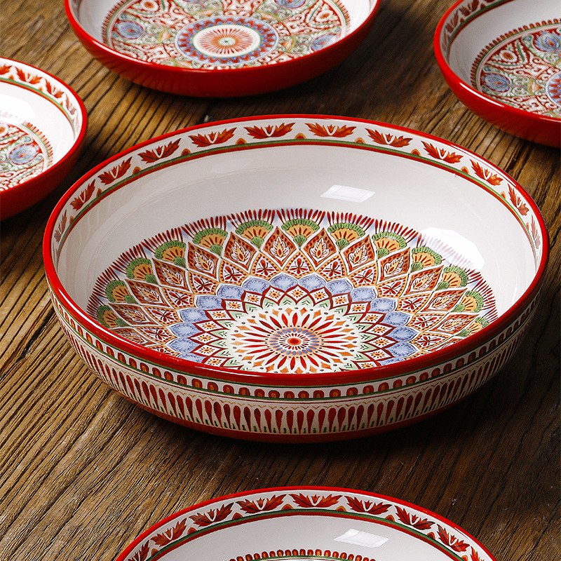 Creative Round Soup Plate Court Style Salad Plate Deep Plate 9-inch Fruit Plate Ethnic Style Large Basin