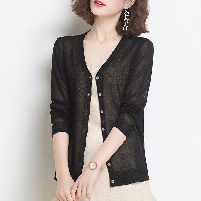 Women's Summer Thin Knitted Cardigan Solid Color Imitation Linen Ice Silk Top Jacket