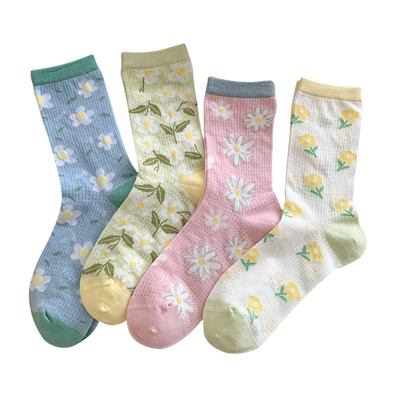 Zhuyan niños y niñas de verano mediano delgado calcetines de malla de flores transpirables calcetines de pila de calcetines de primavera y verano sin hueso al por mayor