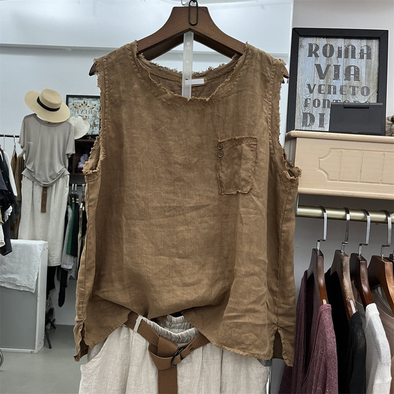 Summer New Solid Color Linen Frayed Edge Round Neck Vest for Women, Artistic Cotton and Linen Loose Fashion Sleeveless Thin Top Summer New Solid Color Linen Frayed Edge Round Neck Vest for Women, Artistic Cotton and Linen Loose Fashion Sleeveless Thin Top
