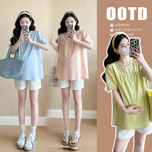 Pregnant Women's Belly Covering Top Summer Wear Short-sleeved Thin Loose Shirt Shorts suit Summer suit