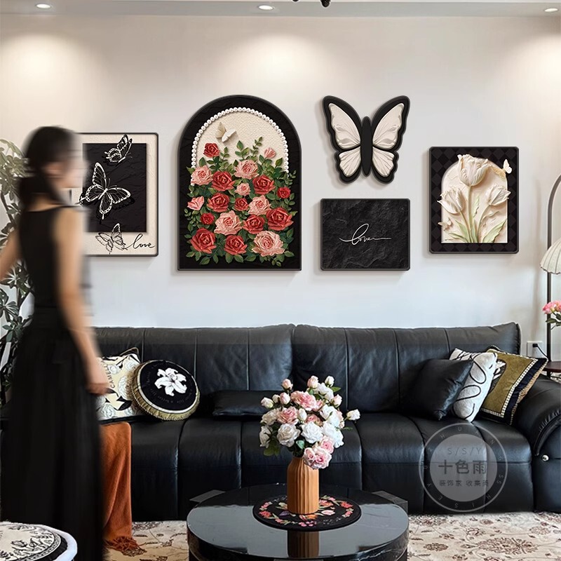 French Retro Style Living Room Decorative Painting Cream Mid-Century Style Sofa Background Wall Hanging Painting Butterfly Rose Combination Mural