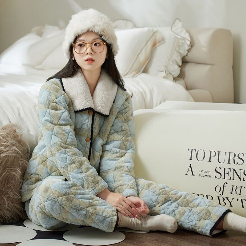 Women's Winter Pajamas, Coral Velvet, Three-Layer Quilted, Thickened, Fashionable, Thick, Can Be Worn Outside, Home Clothes, Cotton-Padded Jacket Set