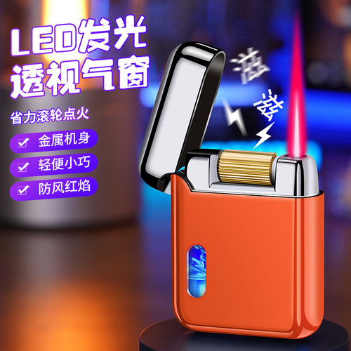New Type-C rechargeable inflatable windproof roller ignition straight red flame lighter LED lighter with light across