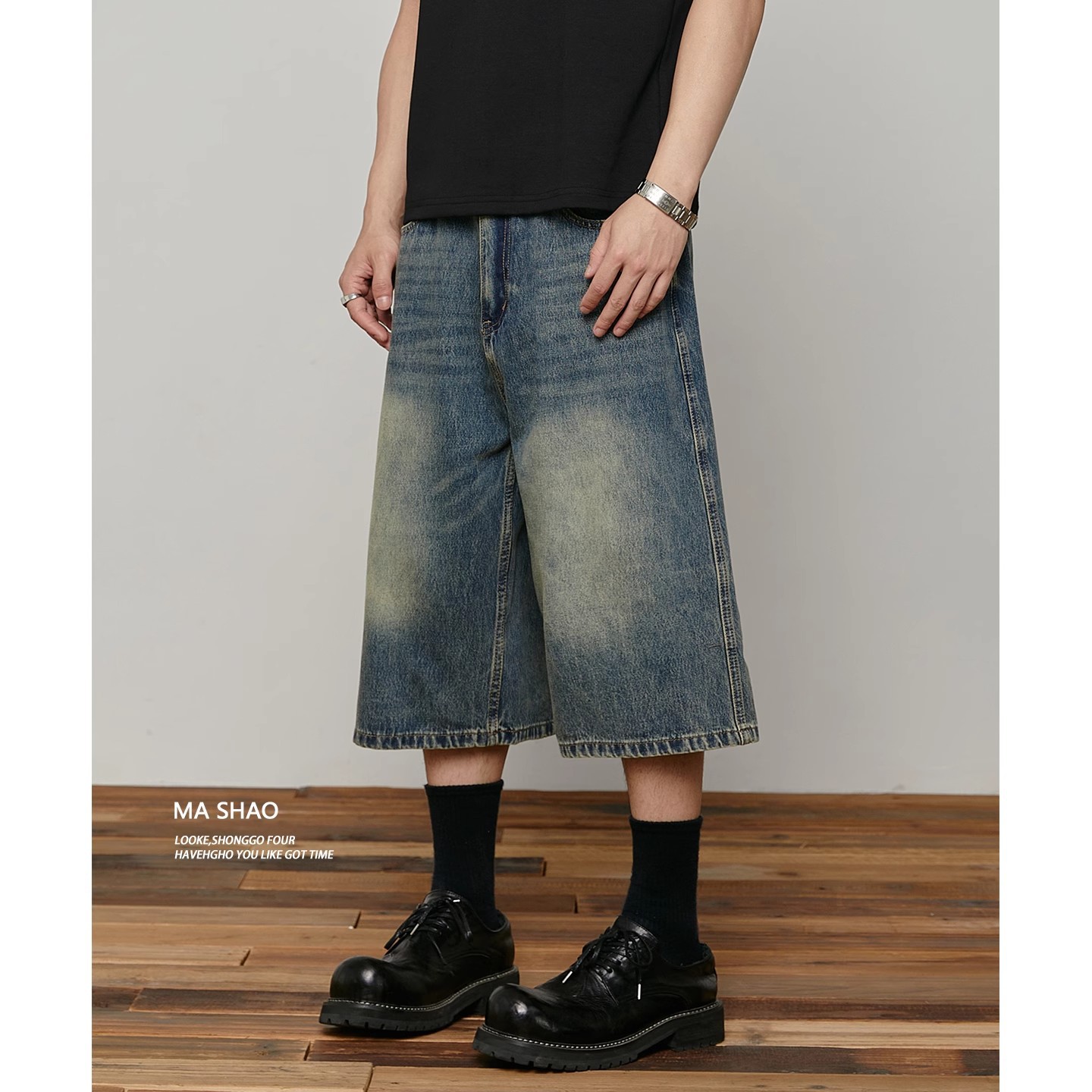 American Retro High Street Light Blue Washed Jeans Men's Trendy Brand Summer New Straight Wide-Leg Cropped Pants Mid-Length Pants