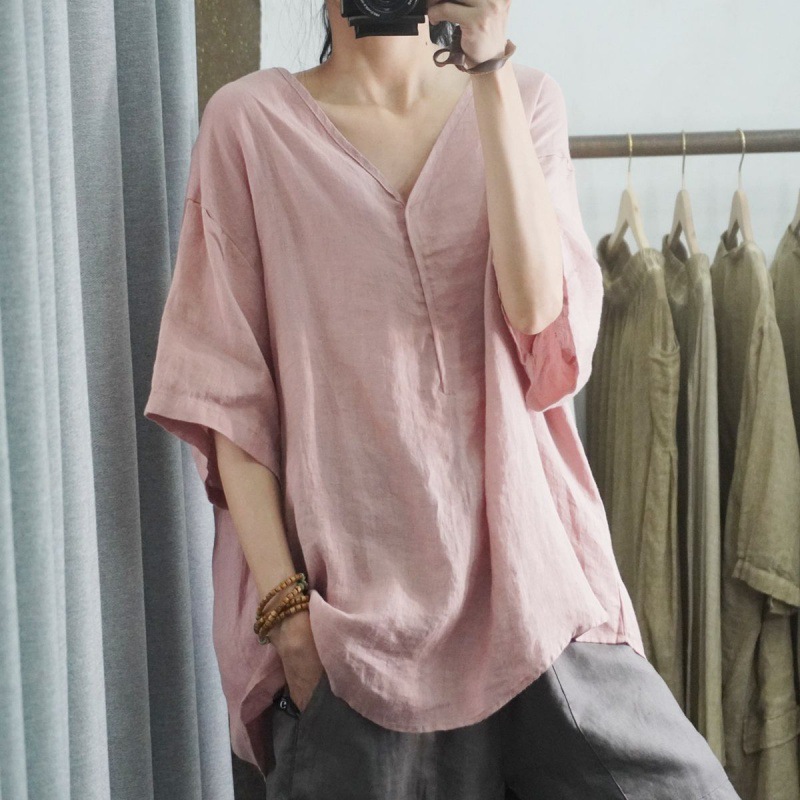 Women's Clothing Summer Style Women's Casual Shirt Short Sleeve Loose Cotton Linen Top Plus Size Pink And Black_ecoleips.com