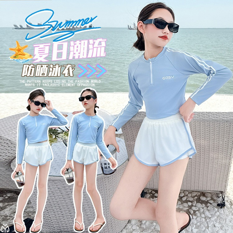 2025 New Girls Swimsuit Set for Older Children Long-Sleeved Sun Protection Split Swimming Girl Beach Swimsuit Cross-Border