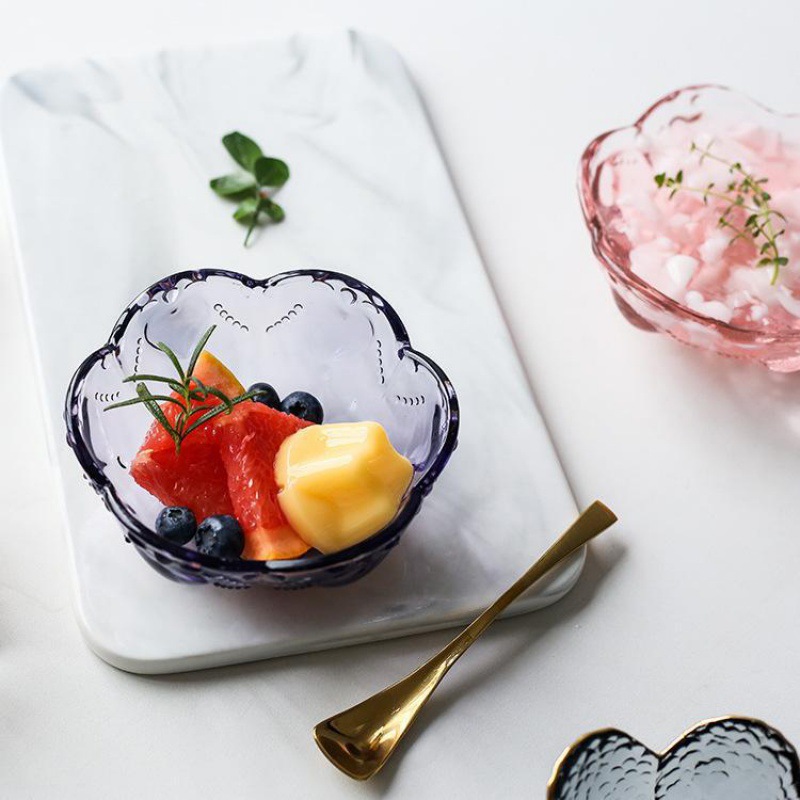 Suministro directo de fábrica creativo estilo japonés borde dorado tazón de vidrio golondrinas tazón de plata tazón de oído tazón de ensalada de helado tazón de postre de corazón de melocotón