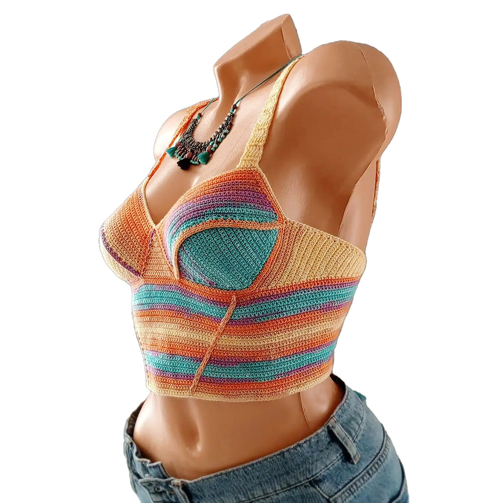 欧美新款海边温泉度假性感吊带沙滩上衣女夏季露背手工钩编裹胸