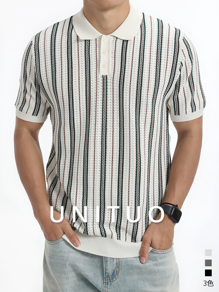 Hombres de alto nivel de negocios casuales hielo rayas polo camisa de verano agujerado de punto con solapa de manga corta chaqueta transpirable