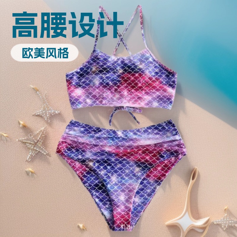 New Cross-Border Foreign Trade European and American Conservative High-Waisted Strap Printed Sexy Two-Piece Swimsuit Bikini Wholesale