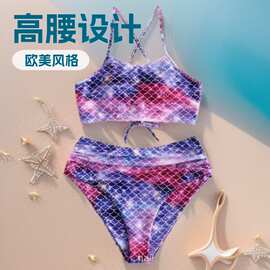 新品跨境外贸欧美保守高腰吊带印花性感分体泳装 比基尼泳衣批发
