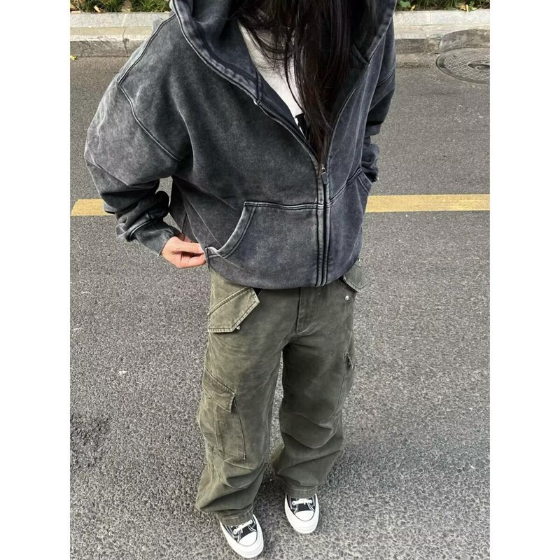 Vintage Washed Distressed Hooded Sweatshirt Jacket for Men and Women, New Trendy Top