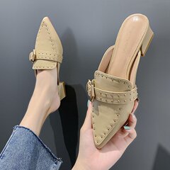 2024 summer new style European and American style rivet belt buckle pointed toe toe half drag thick heel sandals medium heel women's slippers