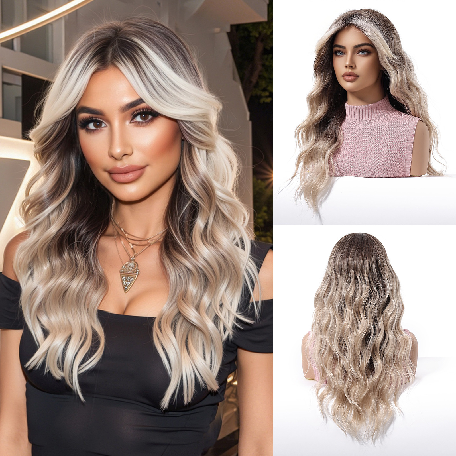 Peluca blanca y dorada degradada transfronteriza en Europa y los Estados Unidos aire flequillo esponjoso y perezoso estilo francés rizado conjunto completo de cabello image 10