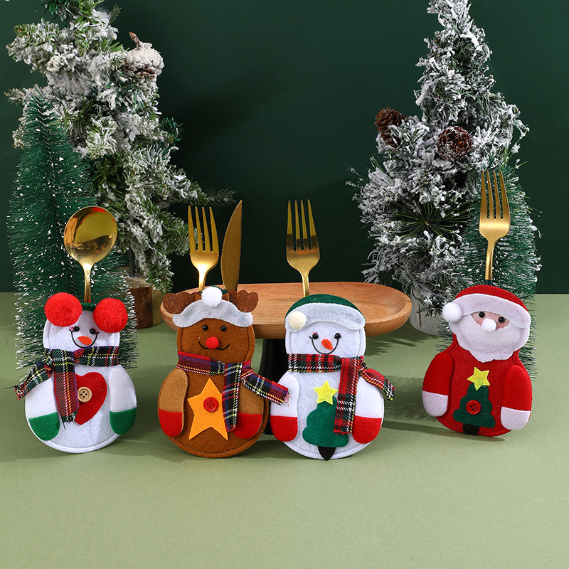 Weihnachtsdekorationen Weihnachtstischdekorationen Geschirrset Weihnachtsmann Schneemann Messer- und Gabelset Messer- und Gabelverschluss Weinflaschenset_voghion.com