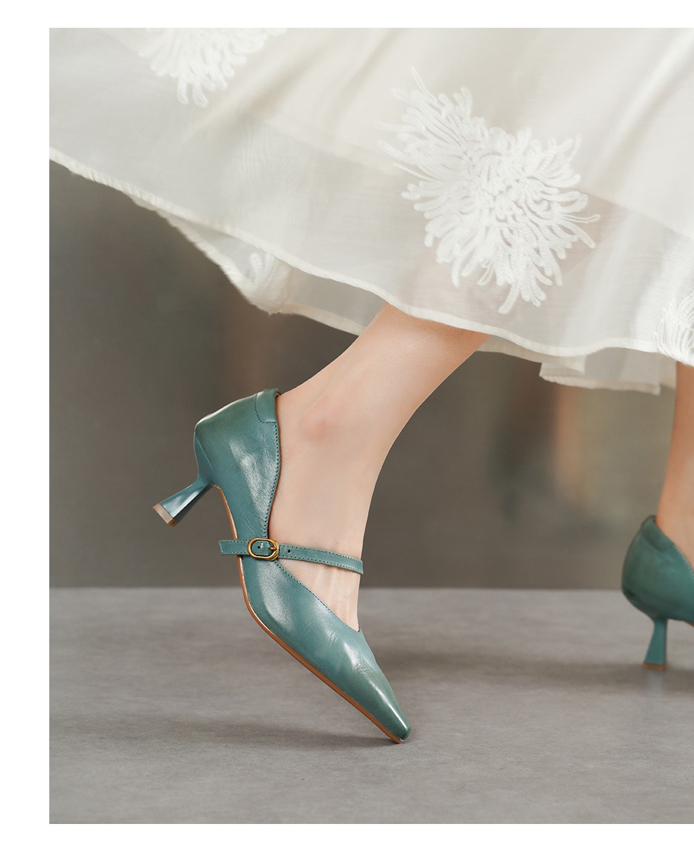 Sandal cao gót nữ quai ngang mũi nhọn da bò cổ điển gót 9 cm — đen chi tiết 6
