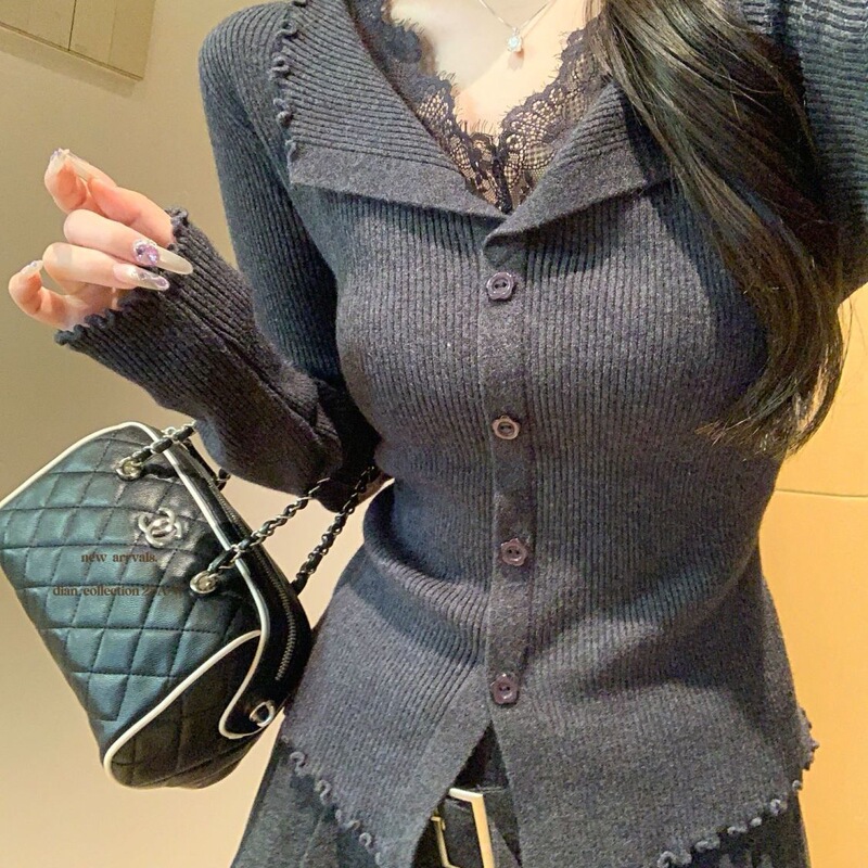 Lace-Like Patchwork Slim-Fit Knit Sweater for Women, Autumn and Winter Niche Top, Slimming Fake Two-Piece Collar, New Design with Elegant Temperament Lace-Like Patchwork Slim-Fit Knit Sweater for Women, Autumn and Winter Niche Top, Slimming Fake Two-Piece Collar, New Design with Elegant Temperament
