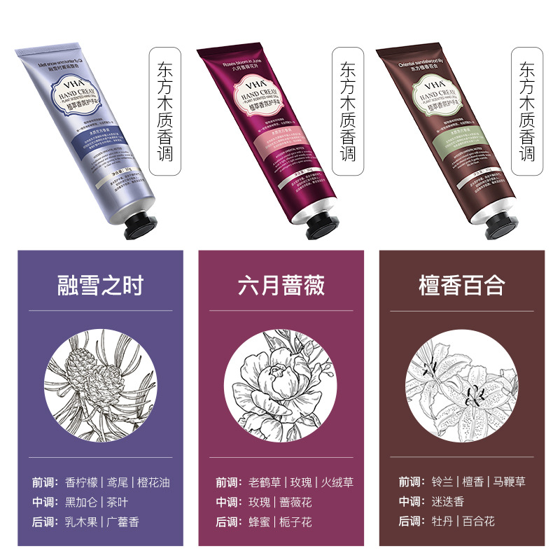 VHA crema de manos de fragancia vegetal hidratante anti-agrietamiento crema de manos para el cuidado de la piel otoño y invierno pequeña rama de alto valor al por mayor