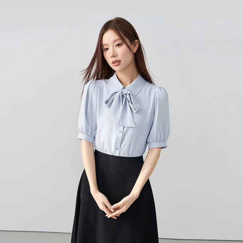 Miss Bird Blue Bow Short-Sleeved Shirt Female Teacher Wears Chiffon Top Interview Formal Professional Shirt