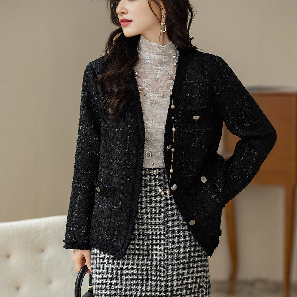 Msdm2829 French Socialite Style Jacket for Women 2025 Autumn and Winter New Style Tweed Small Black Cardigan