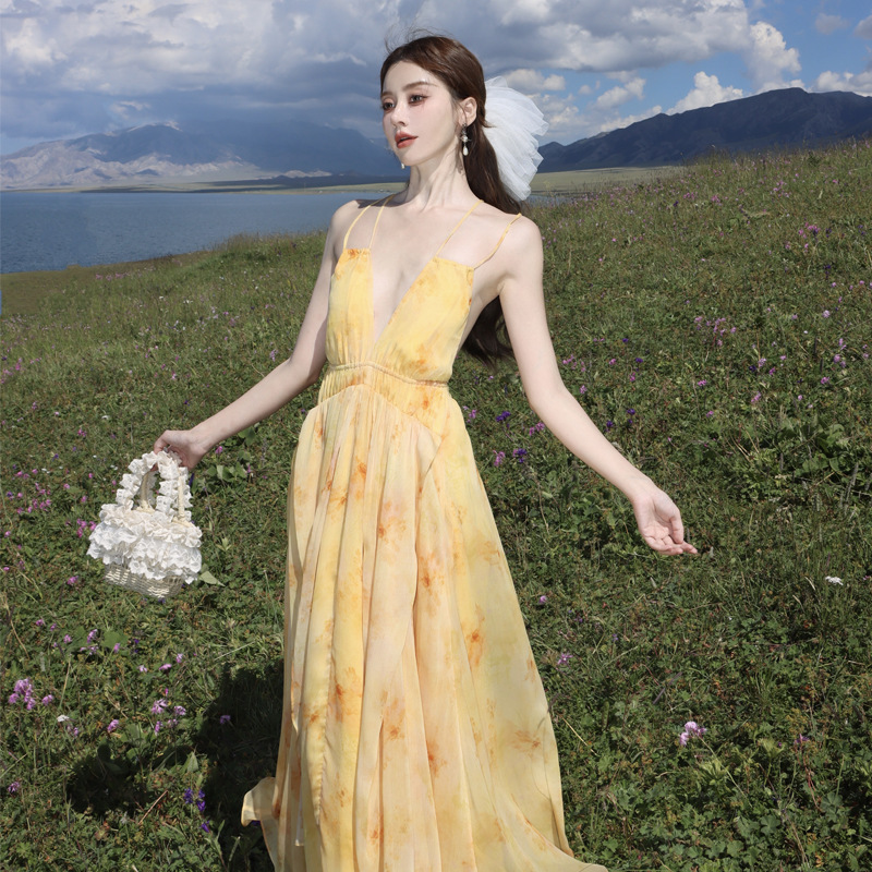 Super Fairy Atmosphere Holiday Style Sunshine Smudged Yellow Backless Suspender Jumpsuit Summer Travel Beach Photo Long Skirt