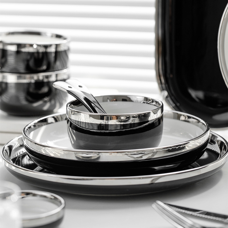 Light Luxury Silver Edge Black Ceramic Tableware Simple Household High-Value Fish Plate Western Food Plate Soup Bowl Rice Bowl Set Combination